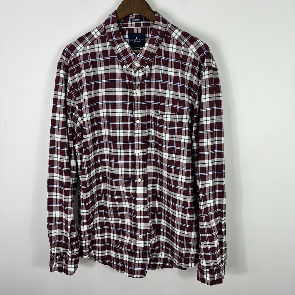 American Eagle Seriously Soft Plaid Shirt XXL Burgundy Flannel Grunge Y2K Preppy